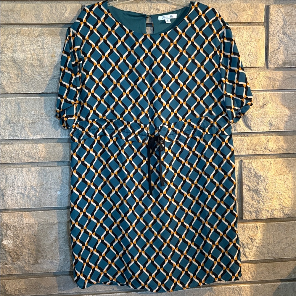 She + Sky Teal and Gold Patterned Dress